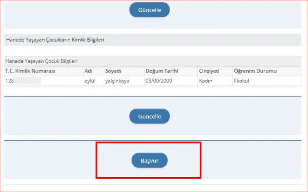 SED Yardım Parası Başvuru Ekranı
