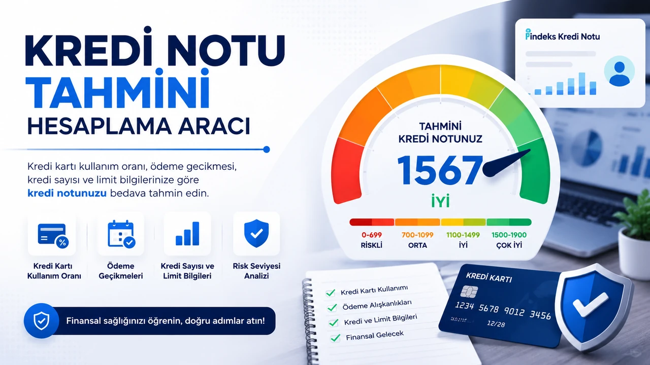 Kredi notu tahmini hesaplama aracı; ödeme geçmişi, kredi kartı kullanım oranı, borçluluk ve risk seviyesi göstergeleri