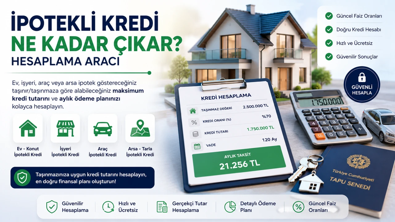 Ev, arsa, tarla, araç ve işyeri teminatına göre ipotekli kredi limiti ve geri ödeme hesaplama aracı