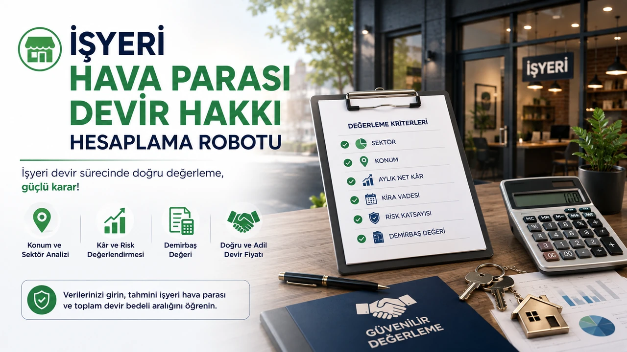 İşyeri hava parası ve devir hakkı hesaplama; sektör, konum, aylık net kâr, kira vadesi, risk ve demirbaş değerine göre tahmini devir bedeli analizi