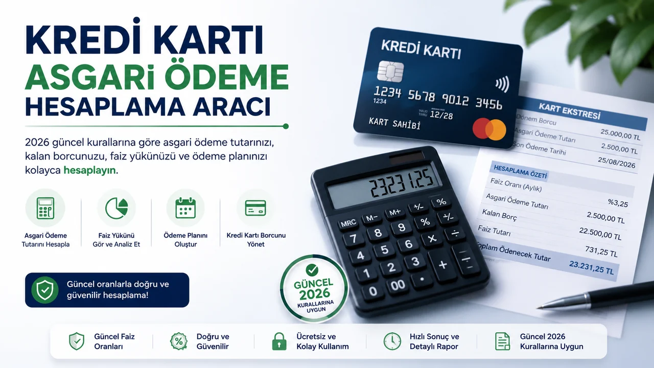 Kredi kartı asgari ödeme, kalan borç, faiz yükü ve ödeme planı hesaplama aracını temsil eden görsel