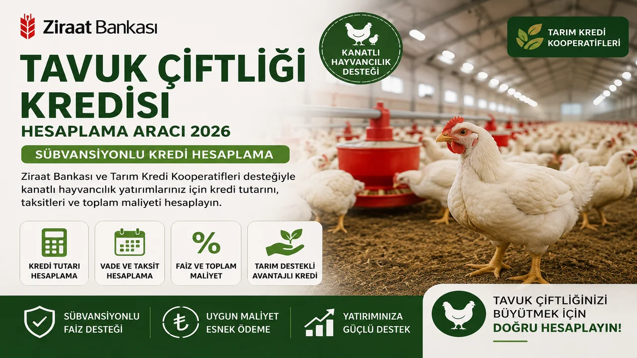 Tavuk çiftliği kredisi hesaplama aracı; kanatlı hayvancılık yatırımı, kredi tutarı, vade ve faiz indirimi hesaplamasını temsil eden görsel