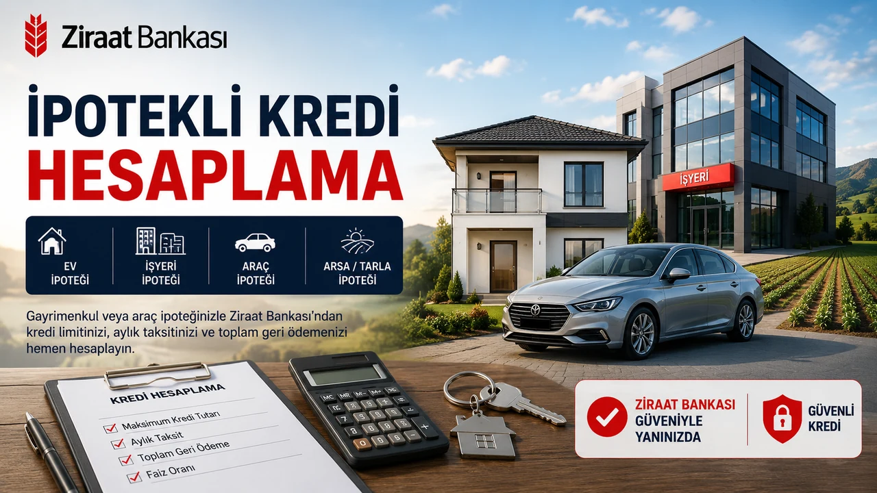 Ziraat Bankası ev, işyeri, araç, arsa ve tarla ipoteğine göre kredi limiti ve geri ödeme hesaplama aracı